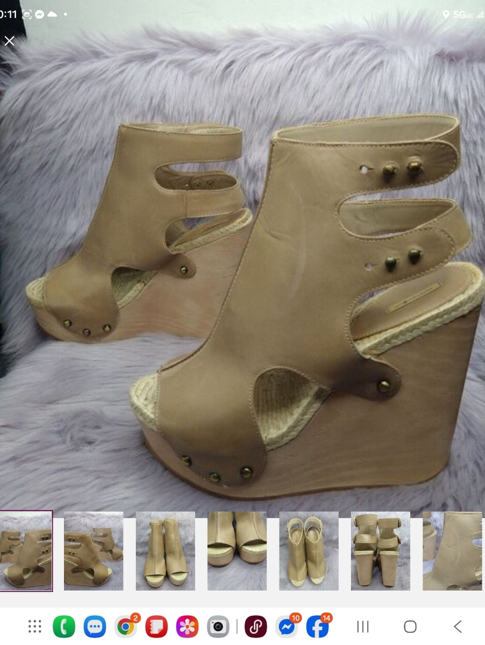 Max Studio Foal Leather Wedge Booties Platform Sandals Womens Size 10 Beige Stud
